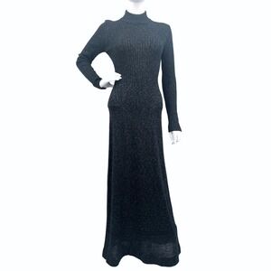 Vintage 70s Black Metallic Mock Neck Maxi Sweater Dress Morticia Addams Gothic‎
